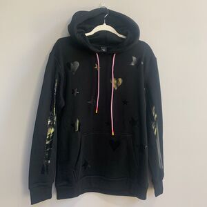 Style Reform Glossy Hearts & Stars Hoodie Women's L Black Pullover Graphic Cozy
